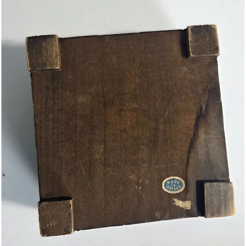 Vintage Polish Wooden Box Hand Carved Pyrography Hinged Trinket Wood Jewelry Box